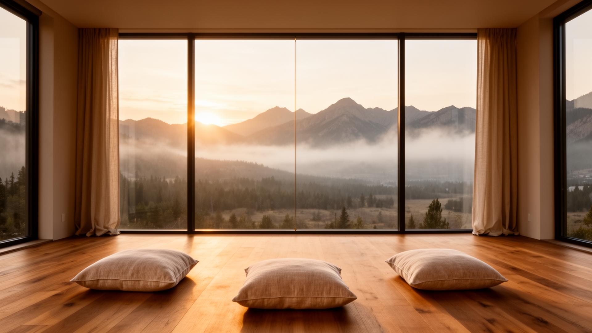 A calm meditation room with floor-to-ceiling windows overlooking Wyoming mountains at sunrise