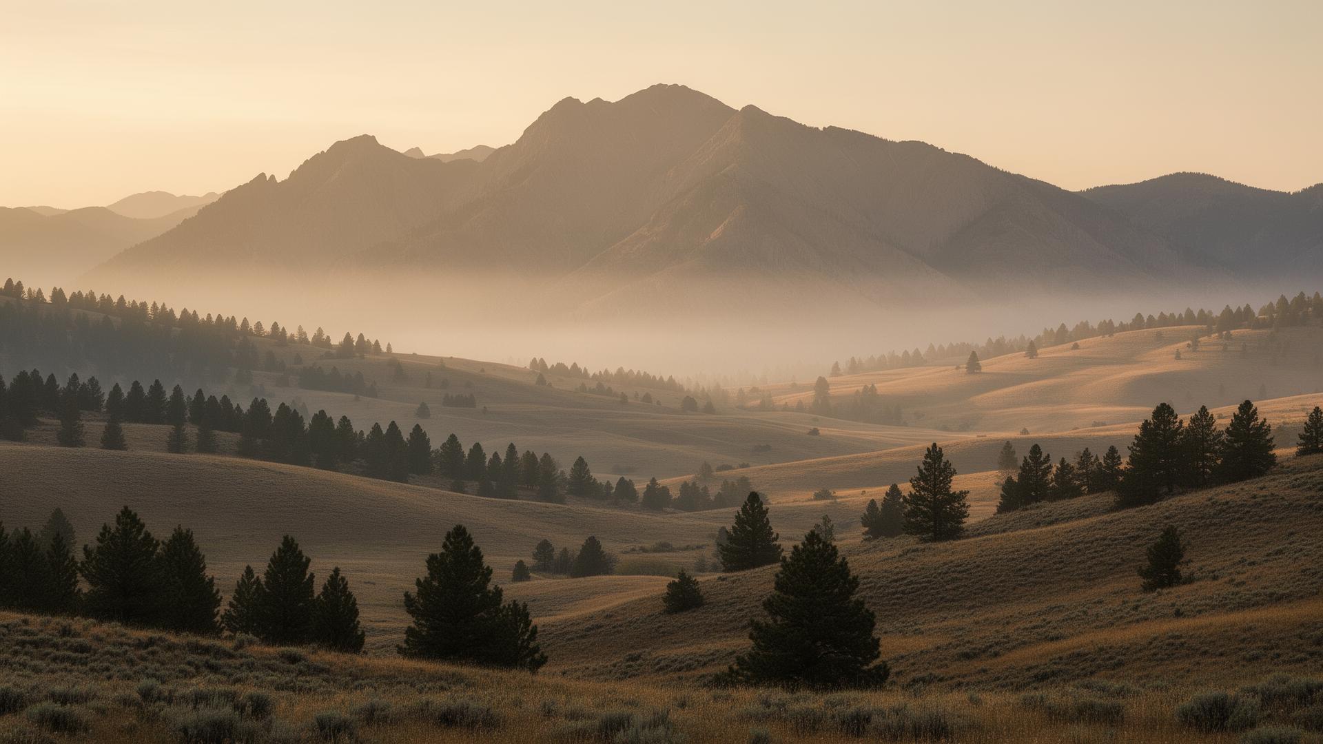 Misty Wyoming mountain landscape at golden hour
